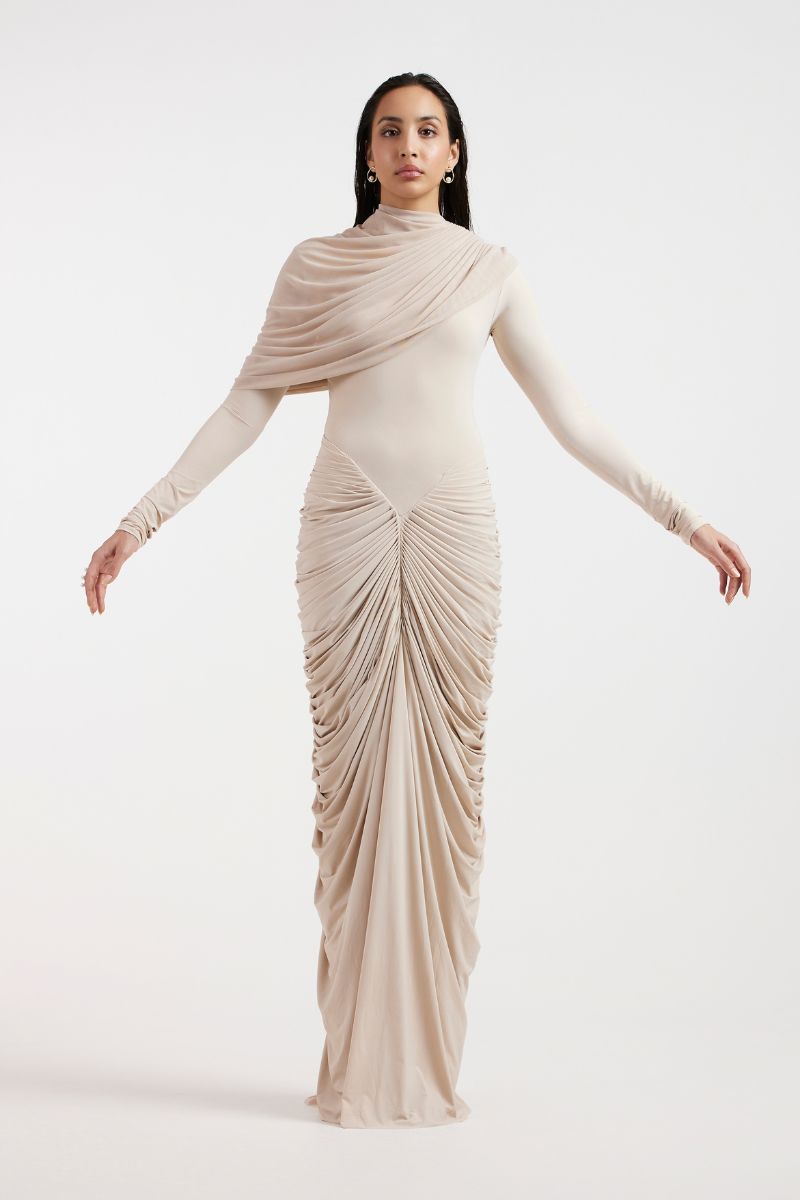 ELORA BEIGE DRAPED GOWN