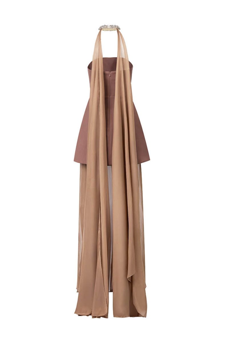 STRAPLESS MAXI DRESS WITH CAPE IN BROWN