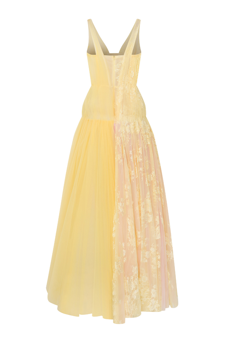 DEEP V NECKLINE TULLE AND LACE MIX GOWN