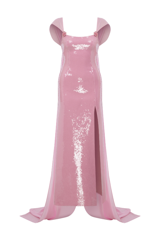 SEQUINED SLIT DRESS WITH CHIFFON 2 PIECE CAPE