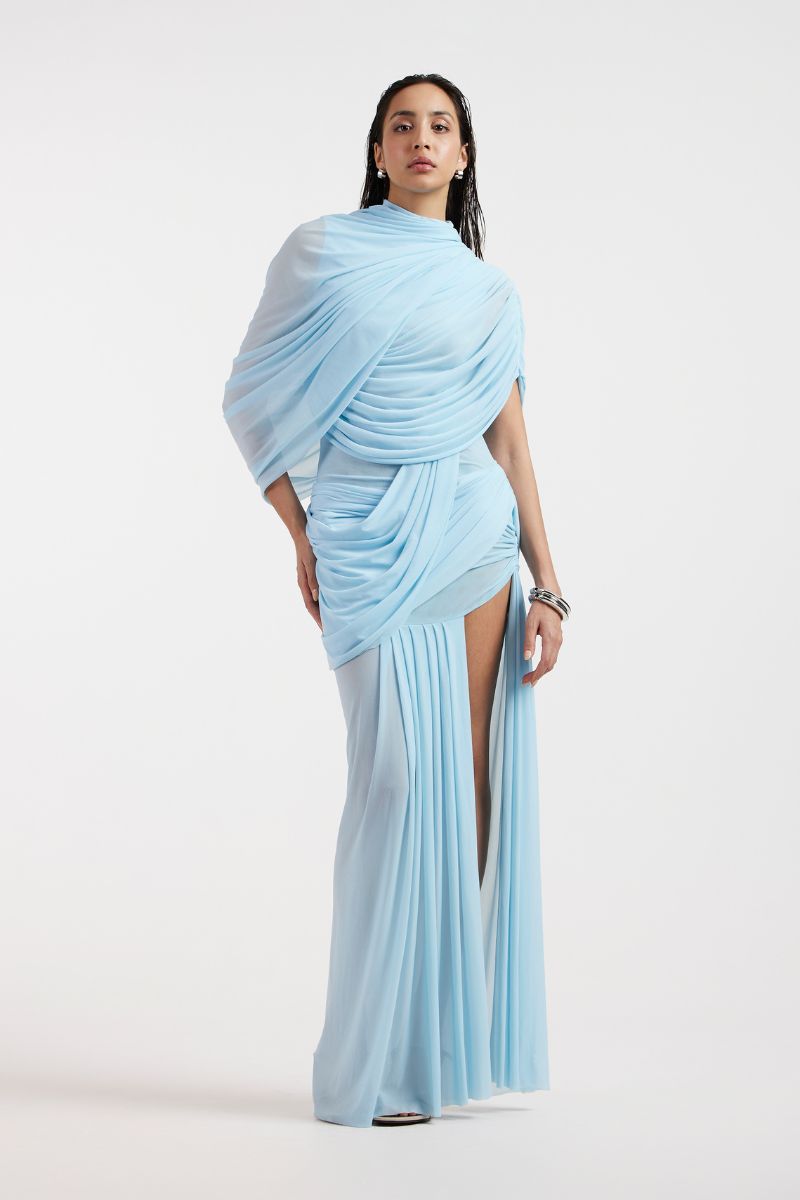 JOVANA DRAPED BLUE MAXI DRESS