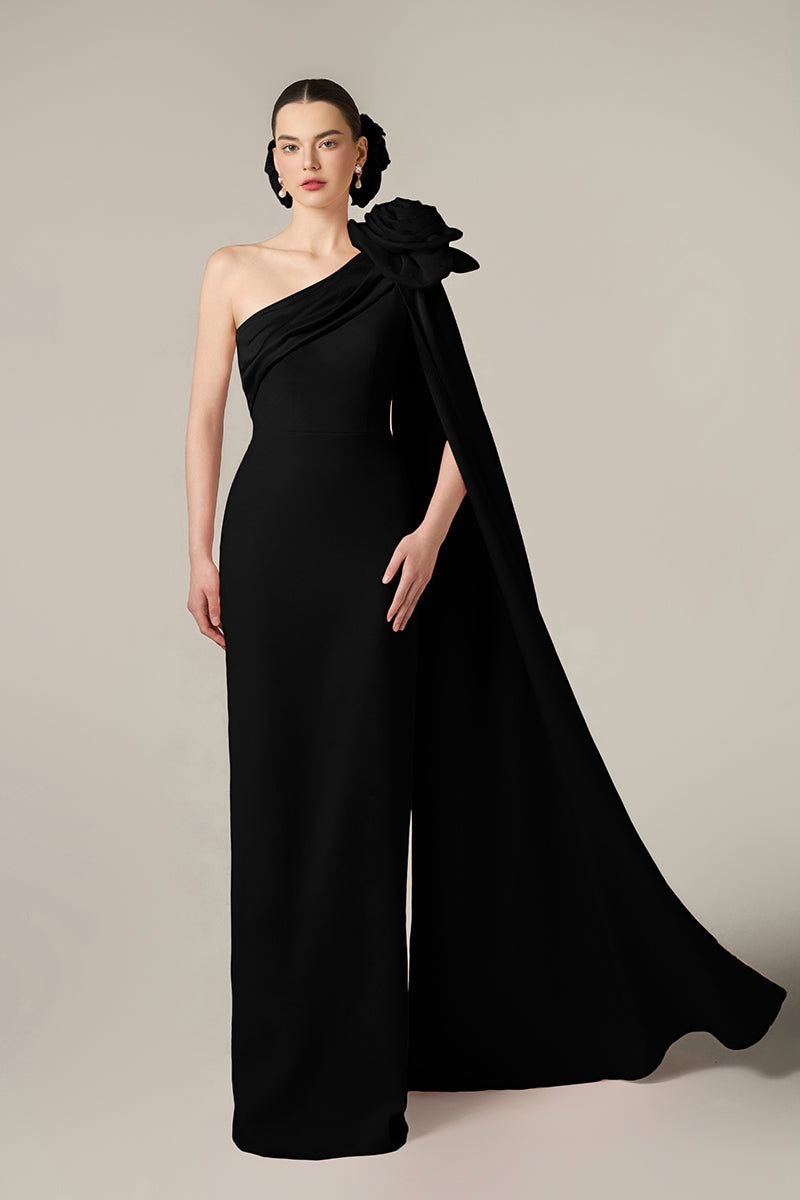 CREPE AND SILK TAFFETA DRESS IN BLACK