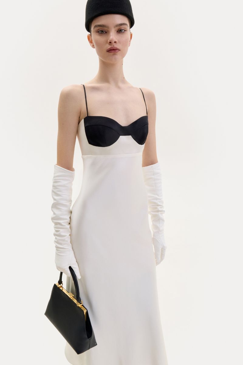 CREAM SILK MIDI DRESS WITH BLACK DETAIL