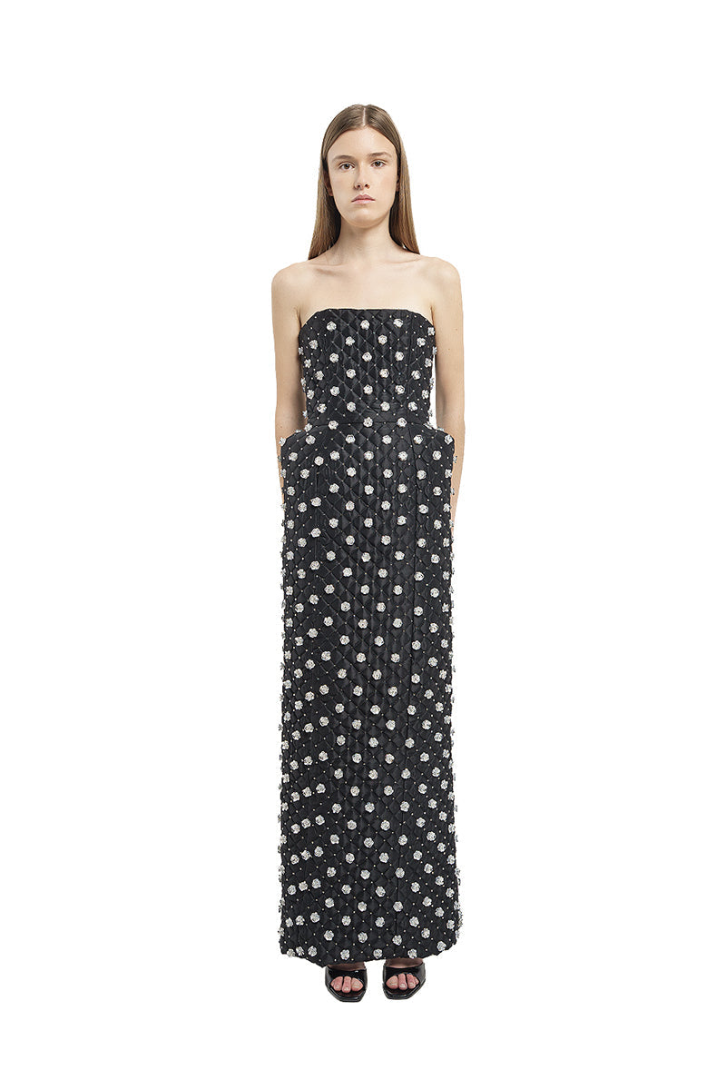 QUILTED DRESS WITH SILVER FLOWER EMBROIDERY IN BLACK