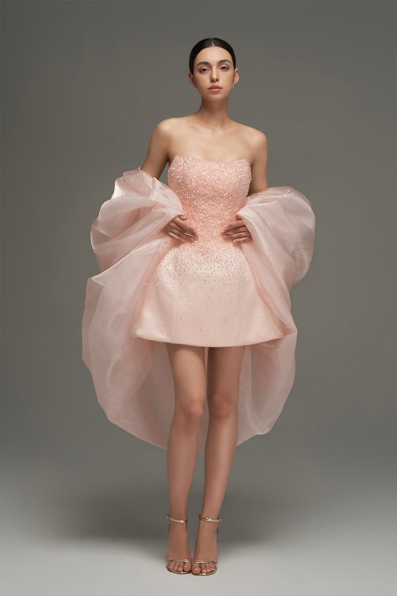BUSTIER BEADED MINI DRESS IN LIGHT PINK