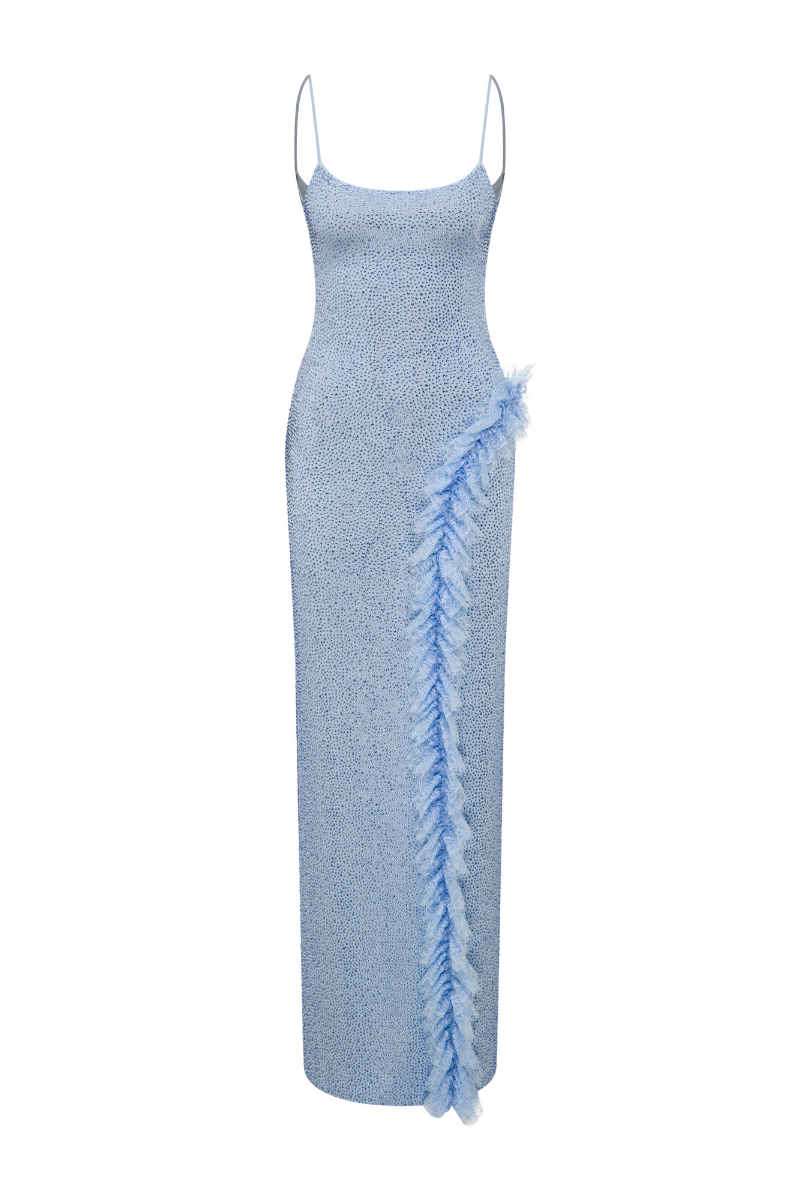 FULLY RHINESTONED MAXI DRESS WITH LACE RUFFLE DETAIL IN BLUE