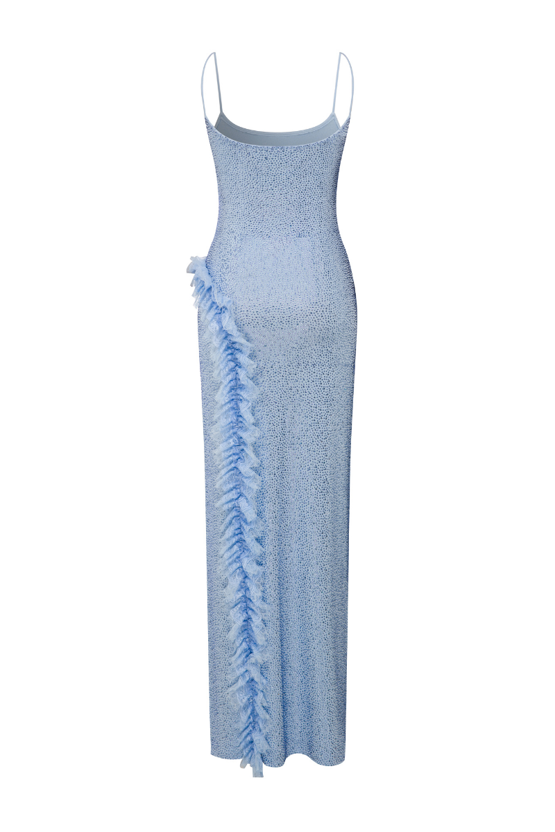 FULLY RHINESTONED MAXI DRESS WITH LACE RUFFLE DETAIL IN BLUE