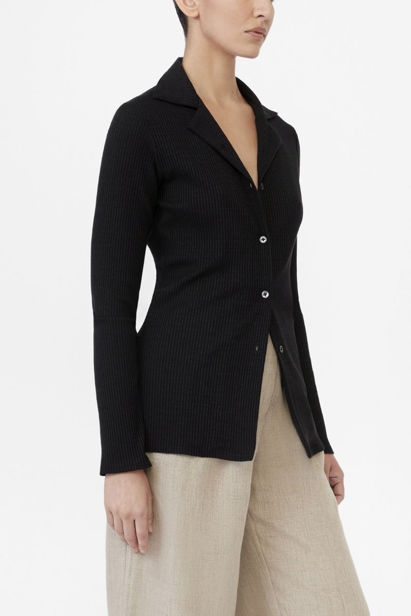 MODAL RIB KNIT COLLARED CARDIGAN