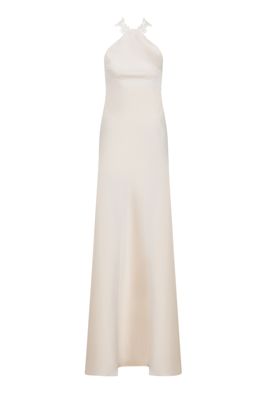 HALTER NECK MAXI SATIN DRESS WITH LACE TRIMMINGS IN ECRU