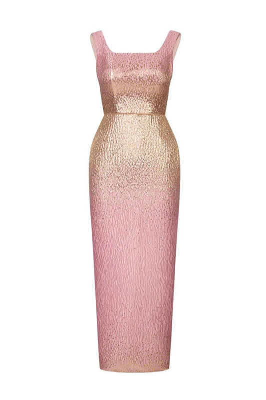 BROCADE OPEN BACK DRESS IN PINK