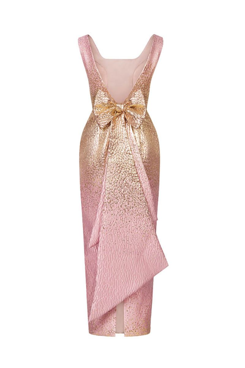 BROCADE OPEN BACK DRESS IN PINK