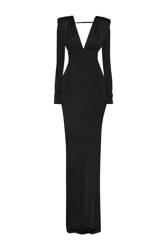 DEEP V-NECKLINE WITH GATHERED SHOULDERS GOWN