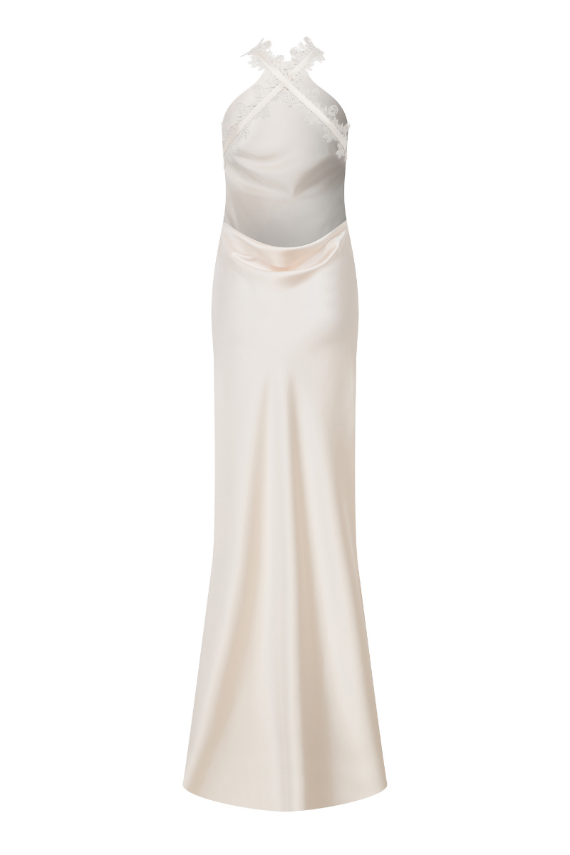 HALTER NECK MAXI SATIN DRESS WITH LACE TRIMMINGS IN ECRU