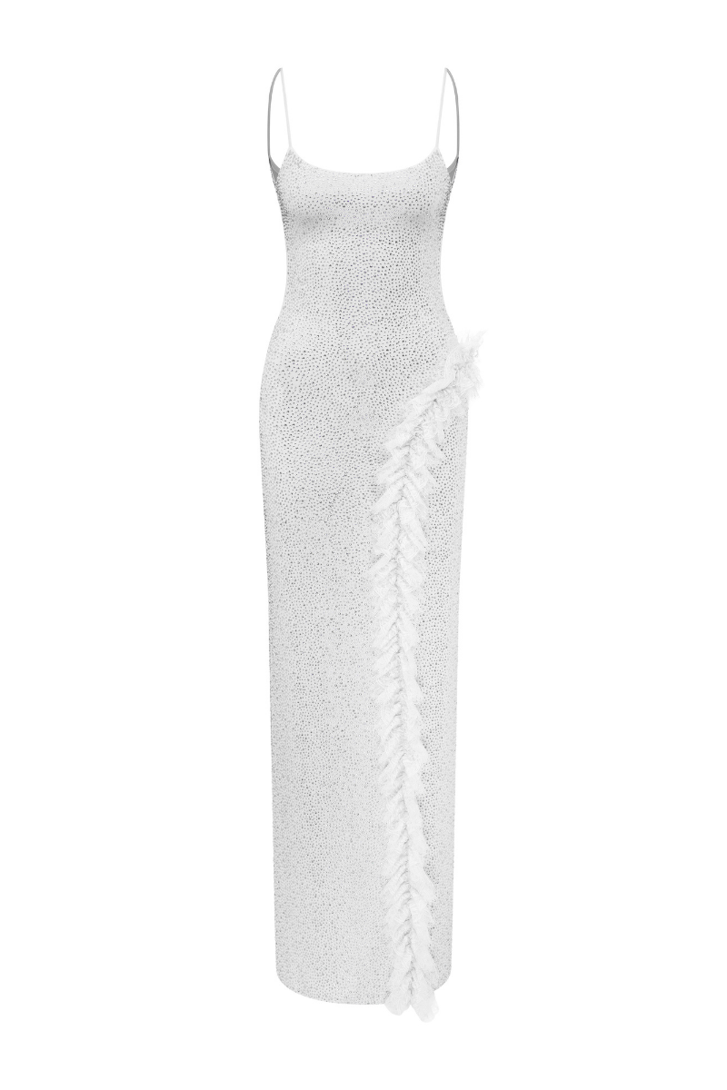 FULLY RHINESTONED MAXI DRESS WITH LACE RUFFLE DETAIL IN WHITE