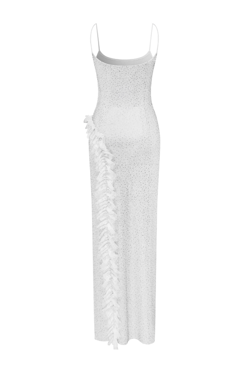 FULLY RHINESTONED MAXI DRESS WITH LACE RUFFLE DETAIL IN WHITE