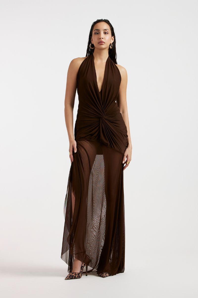 TESS DRAPED BROWN MAXI DRESS