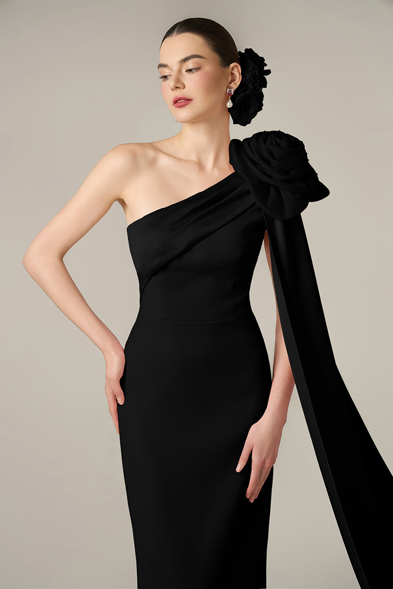 CREPE AND SILK TAFFETA DRESS IN BLACK
