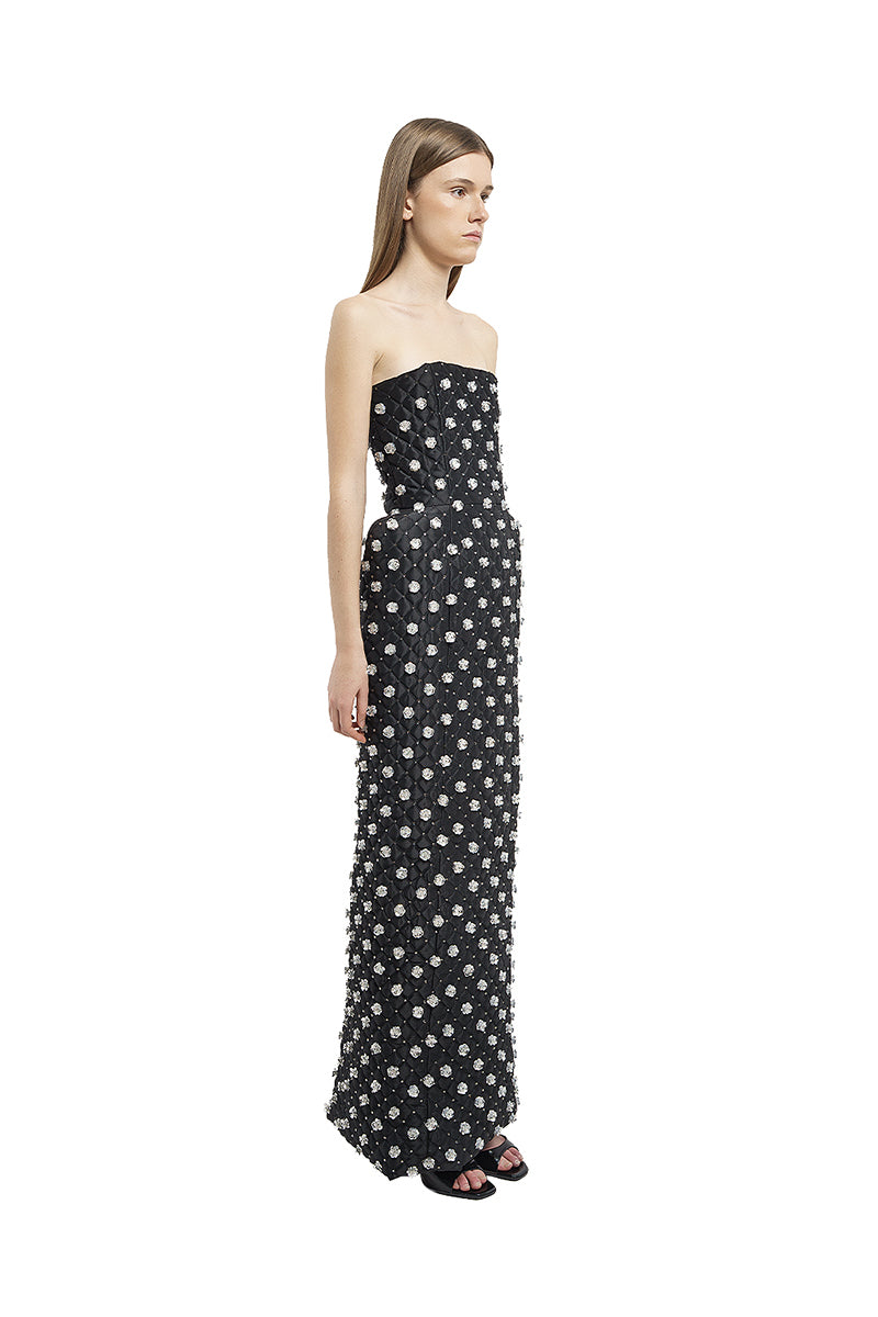QUILTED DRESS WITH SILVER FLOWER EMBROIDERY IN BLACK