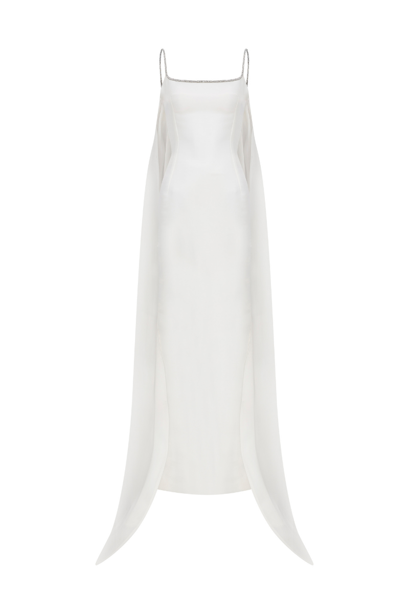 LIQUID ORGANZA SCULPT DRESS WITH CAPE AT THE BACK