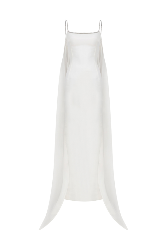 LIQUID ORGANZA SCULPT DRESS WITH CAPE AT THE BACK