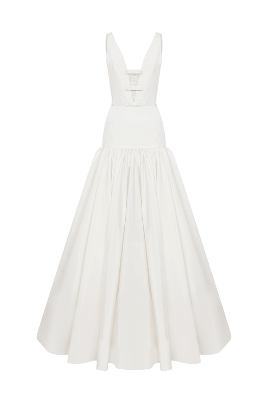 DEEP V NECKLINE GOWN WITH BOW DETAILS