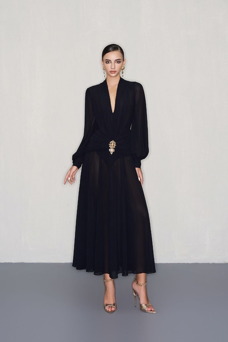 GOLD JEWELED EMBELLISHMENT BLACK DRESS