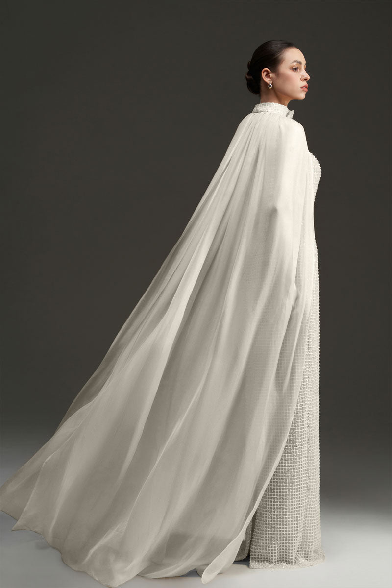 PEARL SQUARE MESH LACE AND CHIFFON DRESS IN SILVER