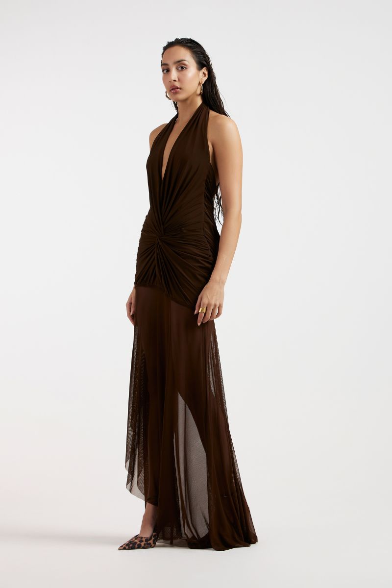 TESS DRAPED BROWN MAXI DRESS
