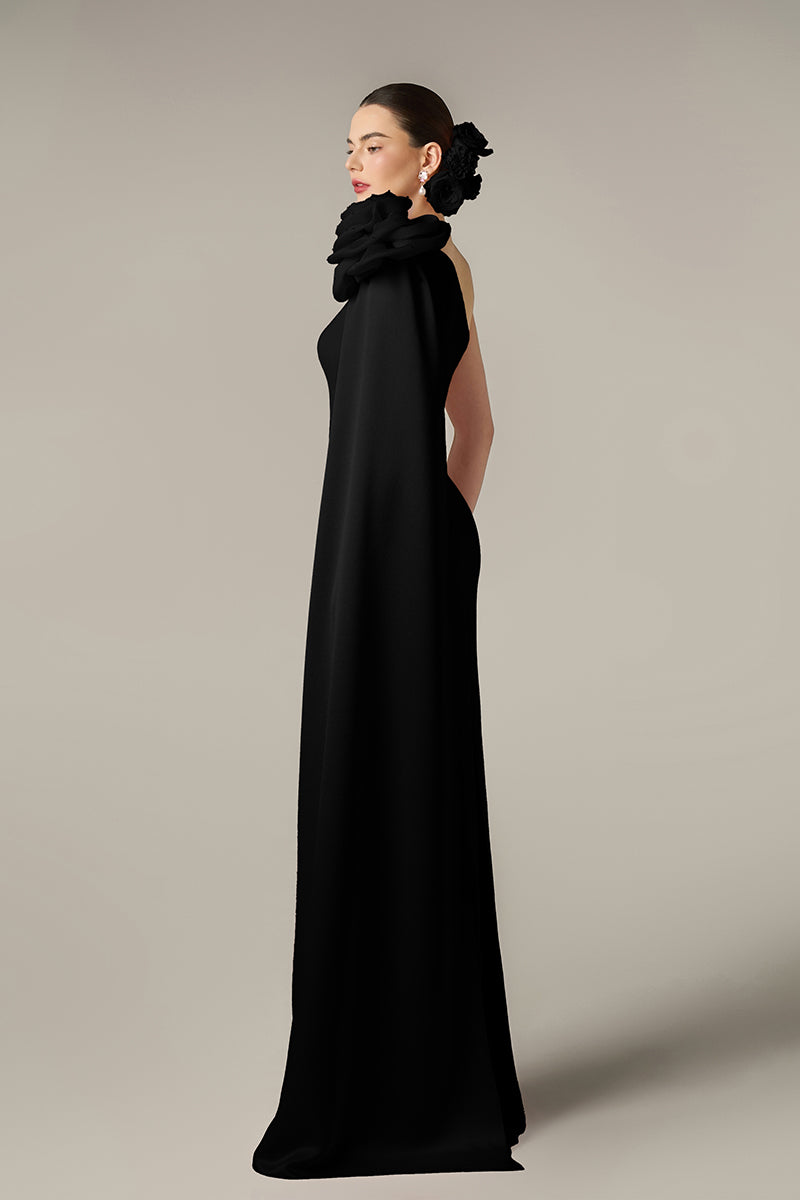 CREPE AND SILK TAFFETA DRESS IN BLACK
