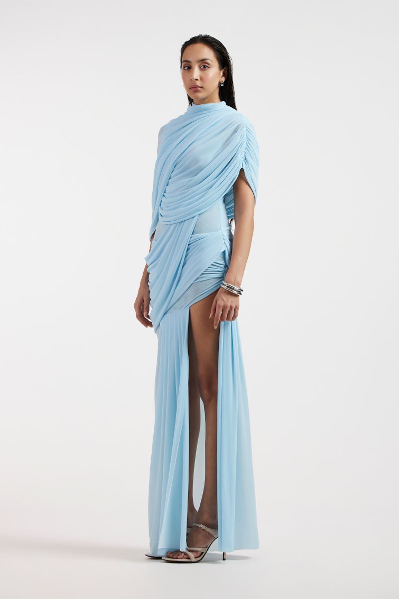 JOVANA DRAPED BLUE MAXI DRESS