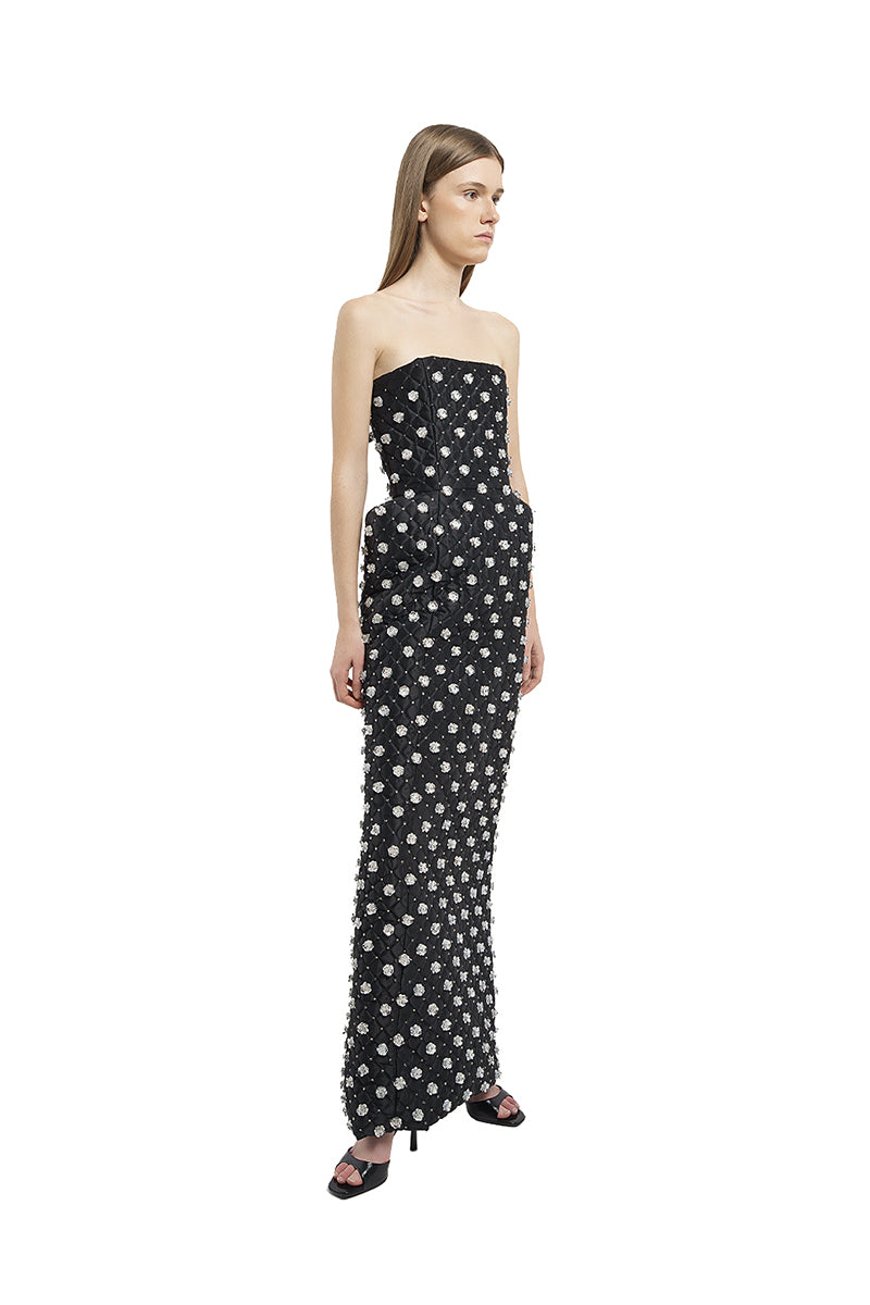 QUILTED DRESS WITH SILVER FLOWER EMBROIDERY IN BLACK