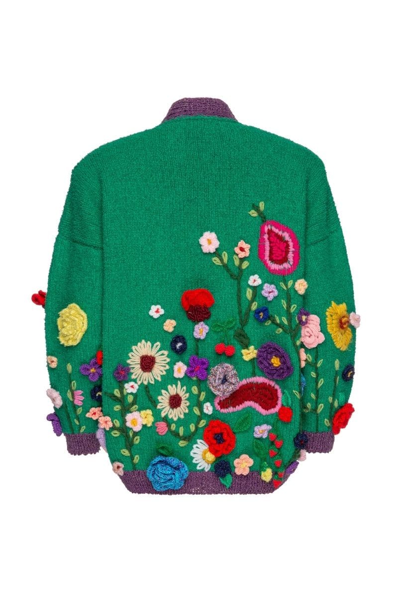 FLORIS GREEN EMBROIDERED OVERSIZED CARDI