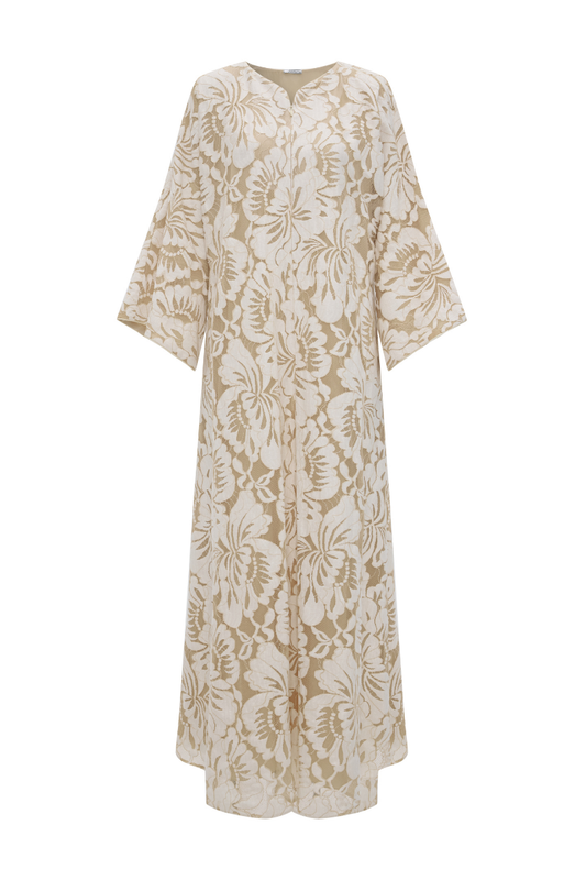 ESTARA LONG ZIPPERED DRESS WITH BEIGE LACE
