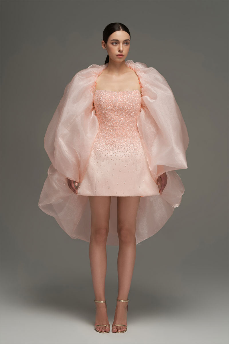 BUSTIER BEADED MINI DRESS IN LIGHT PINK