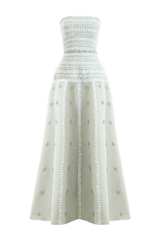 CULT MIA X HAPPY CLOTHING TERRY STRAPLESS STONE ORGANZA MAXI DRESS IN SOFT MINT GRAY