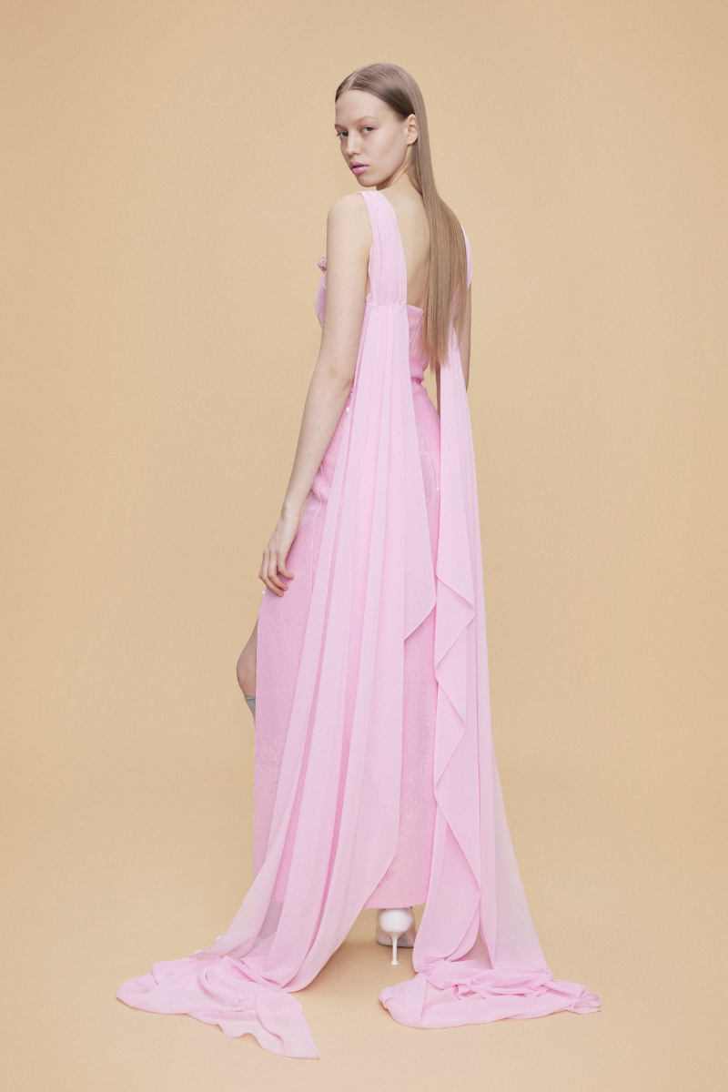 SEQUINED SLIT DRESS WITH CHIFFON 2 PIECE CAPE