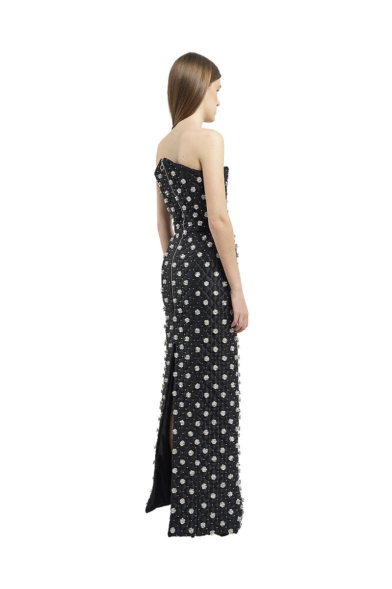 QUILTED DRESS WITH SILVER FLOWER EMBROIDERY IN BLACK