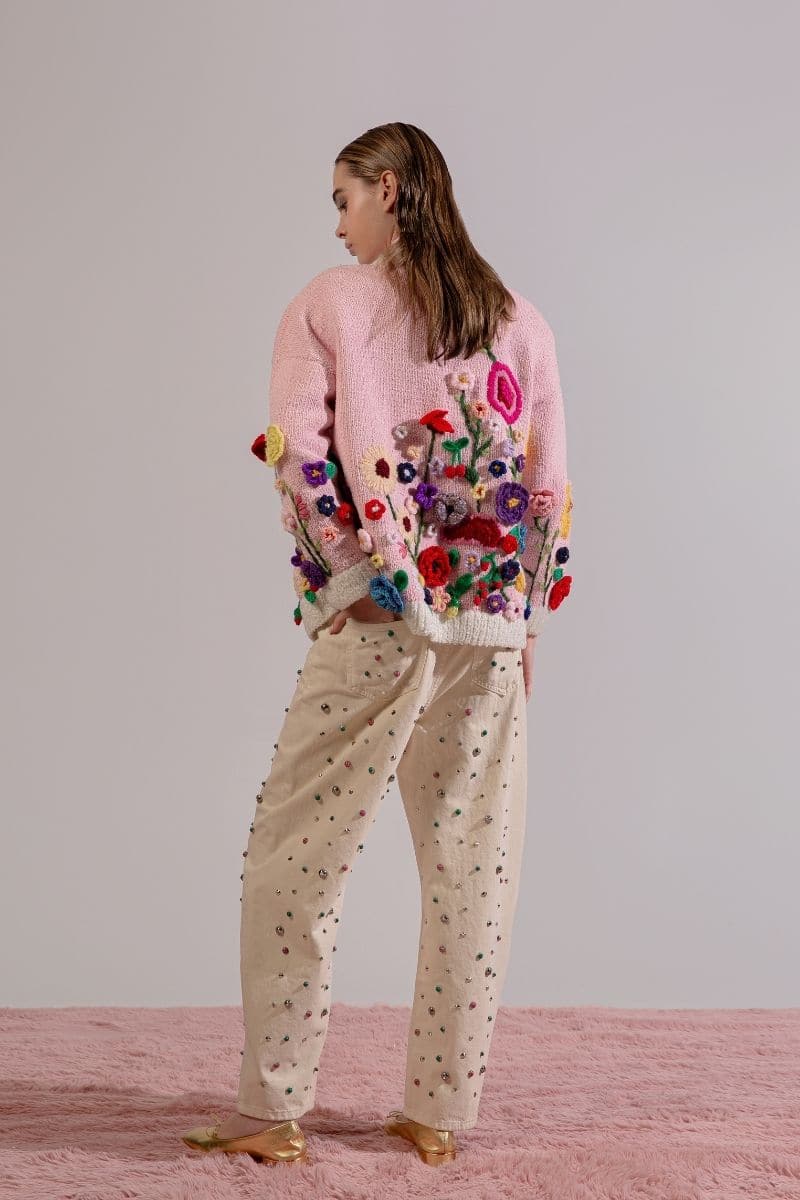 FLORIS PINK EMBROIDERED OVERSIZED CARDI