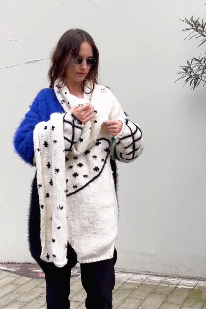 SCARFED HAND KNIT MULTICOLOR CARDIGAN