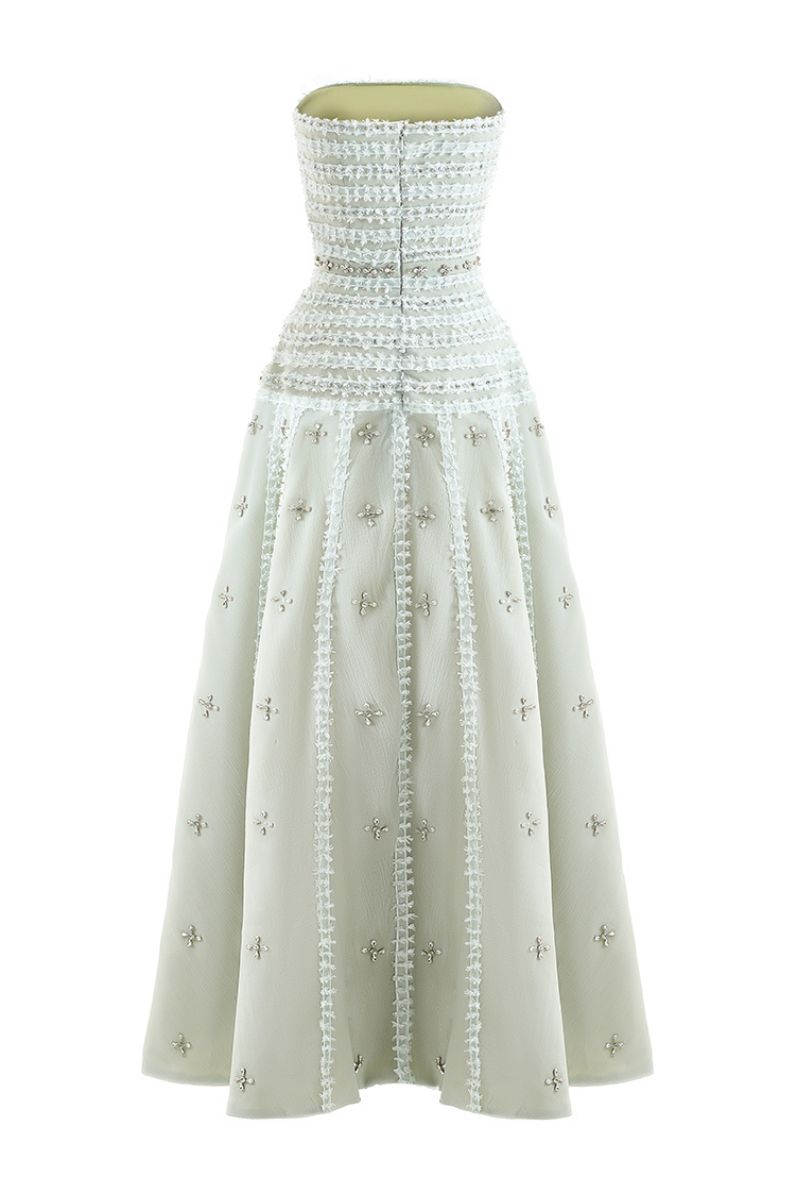 CULT MIA X HAPPY CLOTHING TERRY STRAPLESS STONE ORGANZA MAXI DRESS IN SOFT MINT GRAY