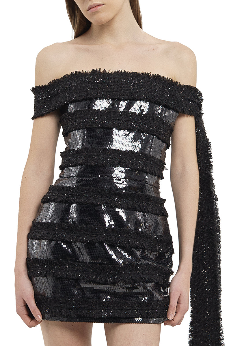 SEQUINS AND TWEED MINI DRESS IN BLACK