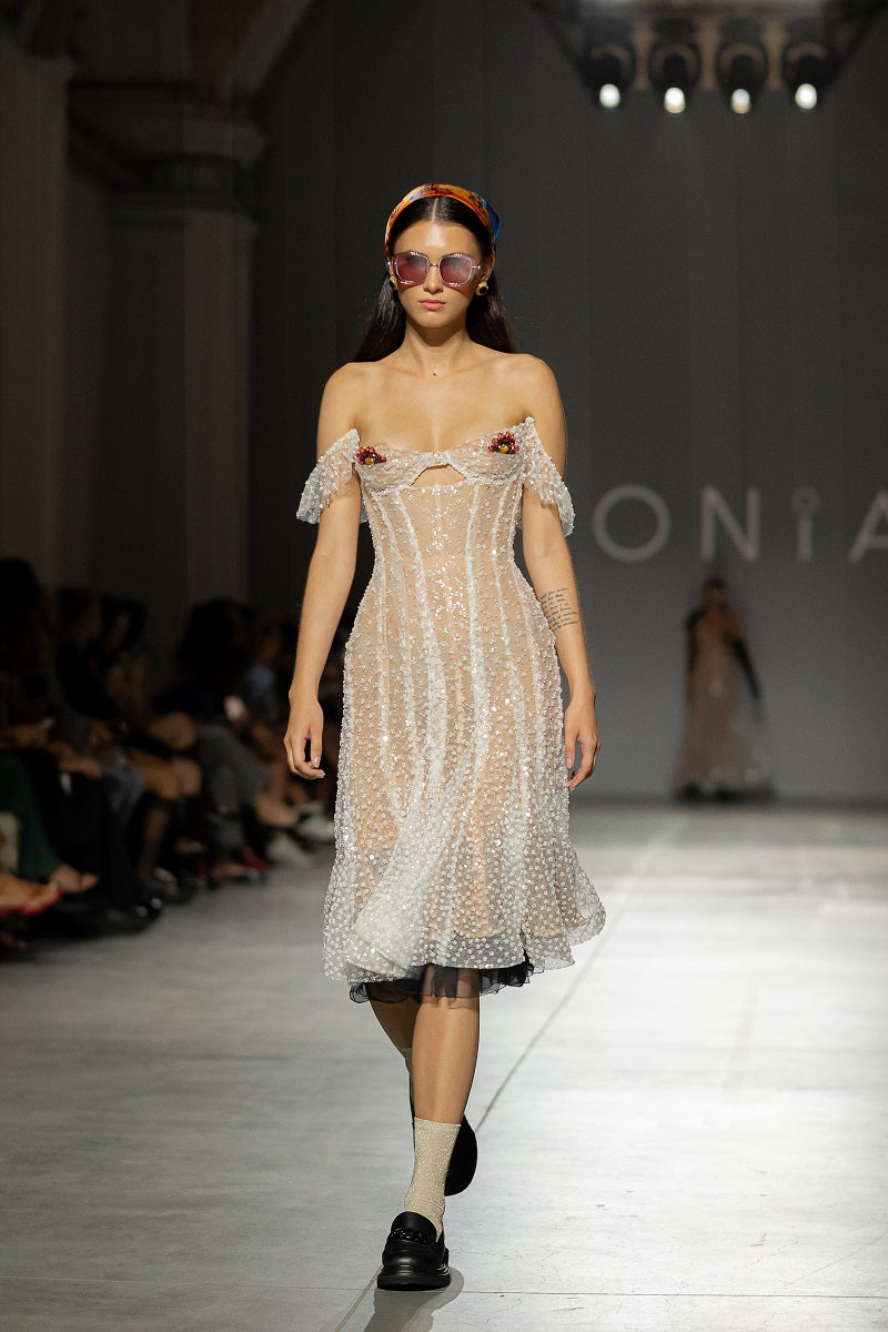 BEADED CORSET DRESS IN MILK