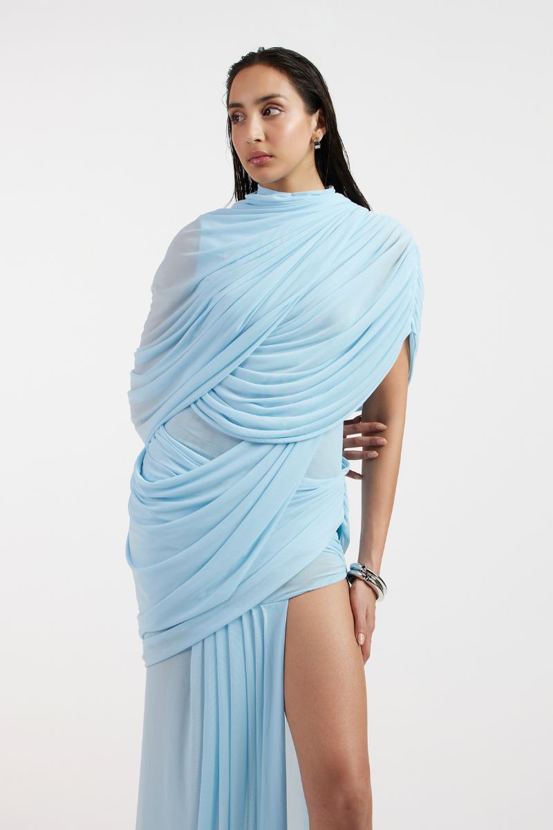 JOVANA DRAPED BLUE MAXI DRESS