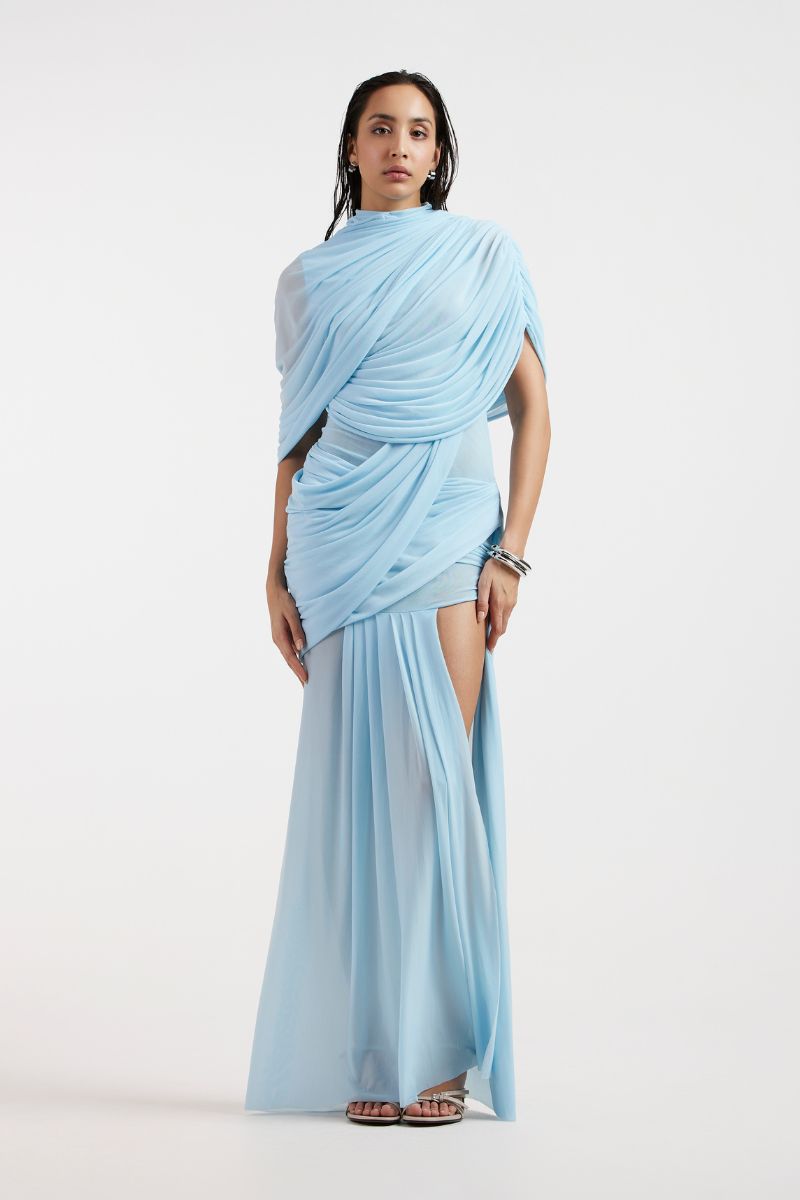 JOVANA DRAPED BLUE MAXI DRESS