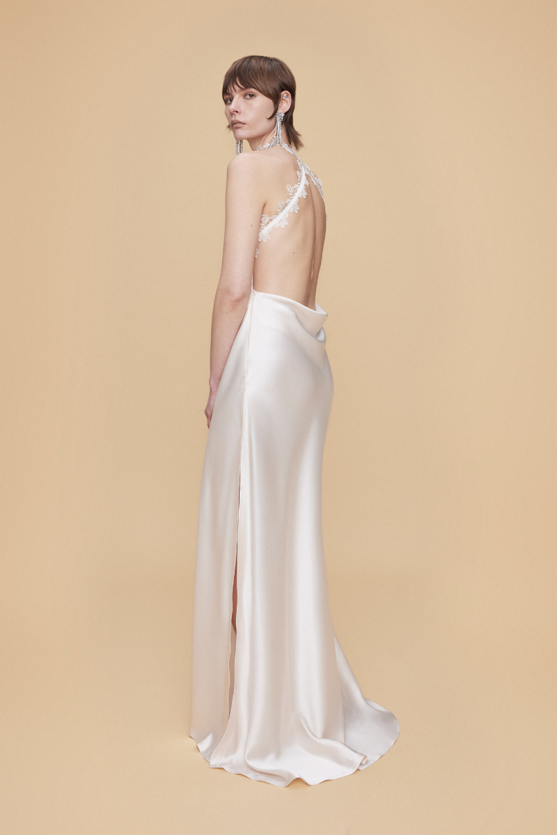 HALTER NECK MAXI SATIN DRESS WITH LACE TRIMMINGS IN ECRU