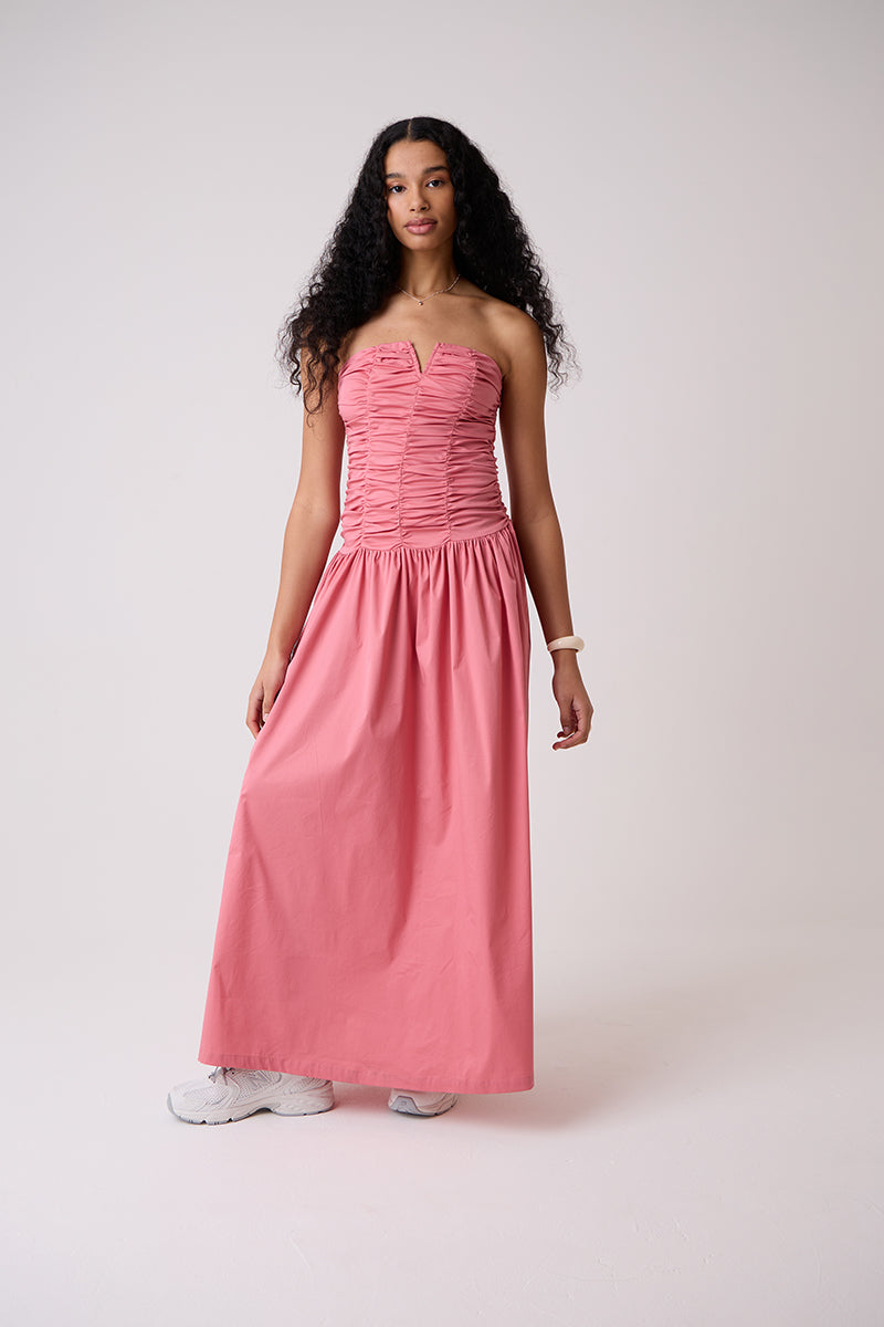 RUCHED COLUMN BARDOT PINK DRESS