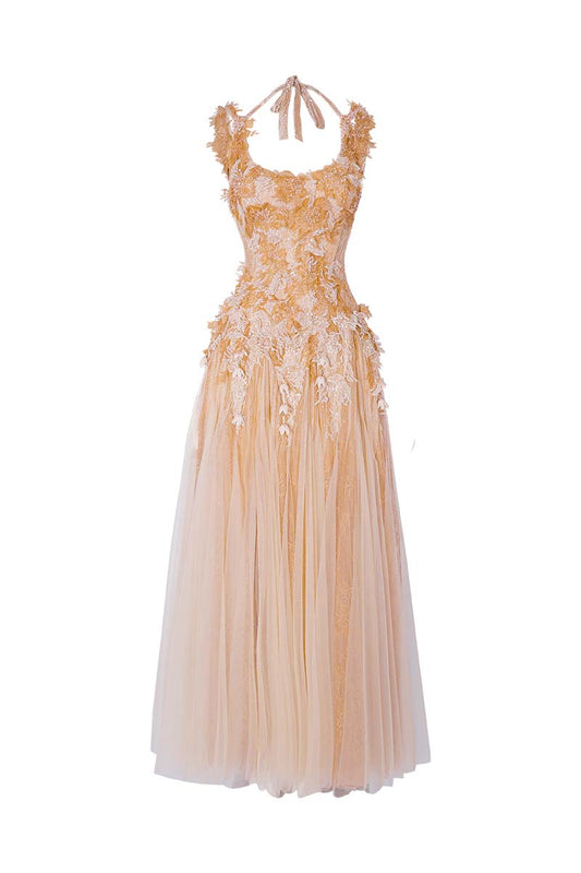 CULT MIA X DO LONG GOLDEN PETAL MIDI DRESS