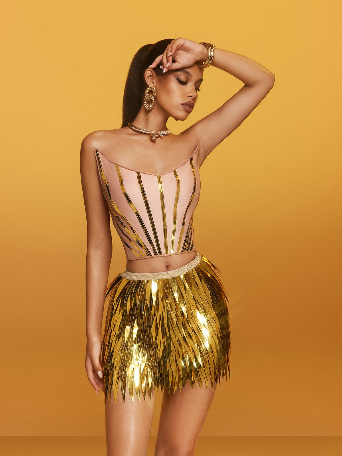 Averth Strapless Tie Up Fringe Skirt Set