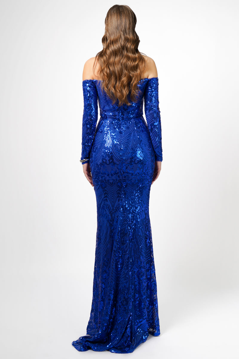 ZOYA LONG SLEEVE SEQUIN GOWN IN COBALT