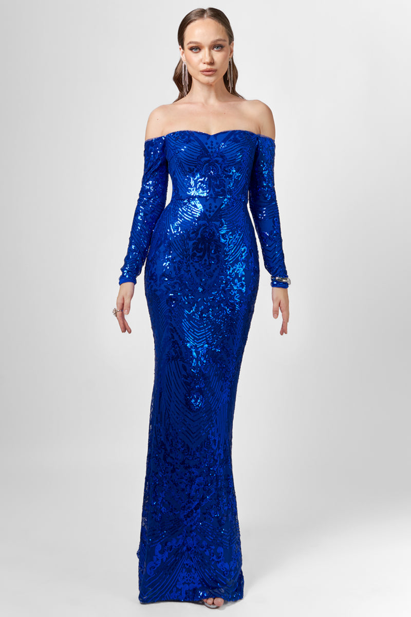 ZOYA LONG SLEEVE SEQUIN GOWN IN COBALT